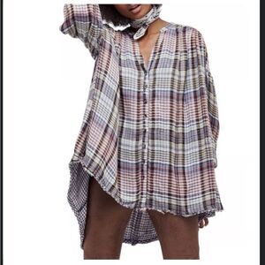 Free People plaid double gauze swing shirt pleated boho flowy oversized XS